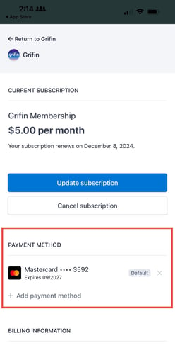 Change update payment method for subscription